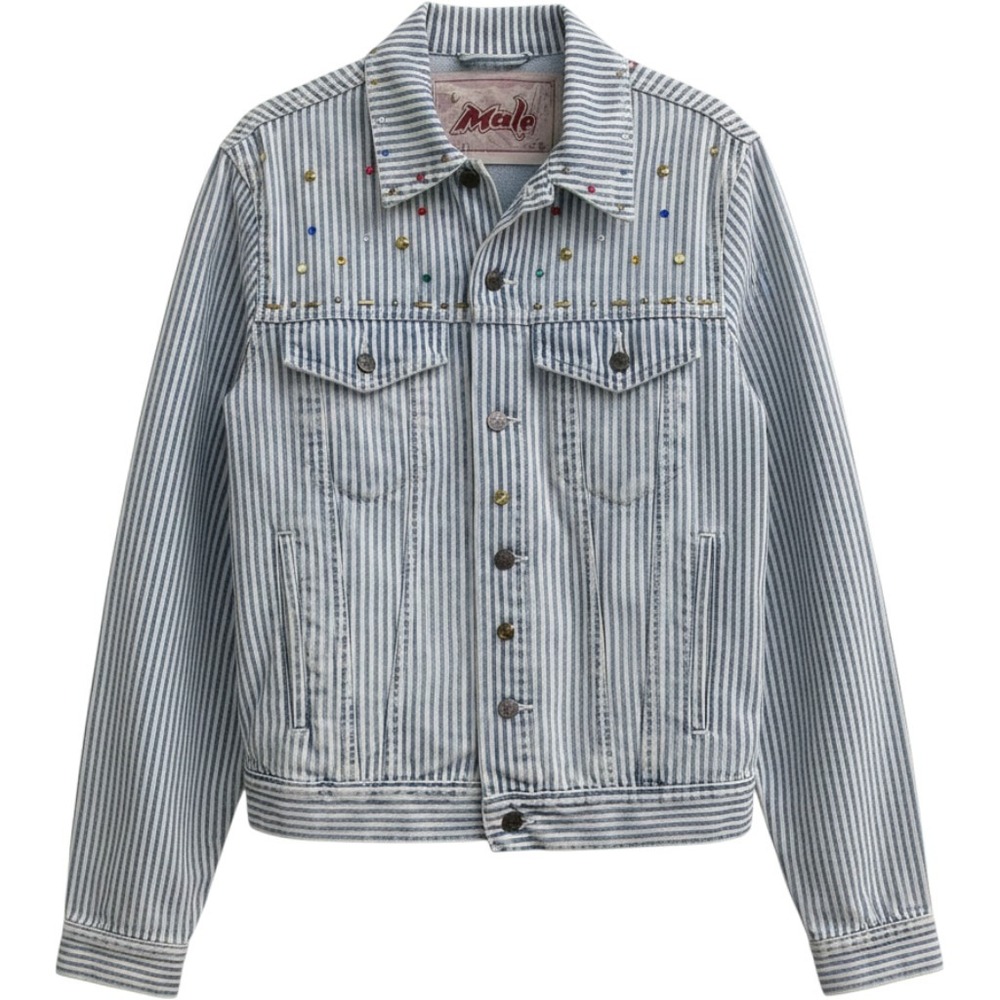 Male Hickory Stripe Denim Jacket Blue White Rhinestone Studded Heart Trucker 8